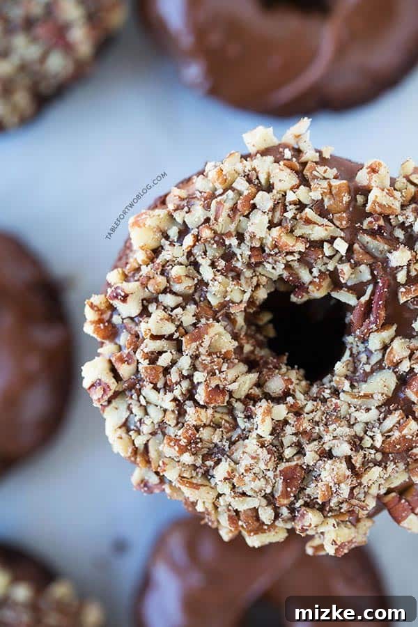 Chocolate Donut with Pecan Topping A close-up of a single chocolate chocolate donut, perfectly glazed with chocolate ganache and topped with chopped pecans