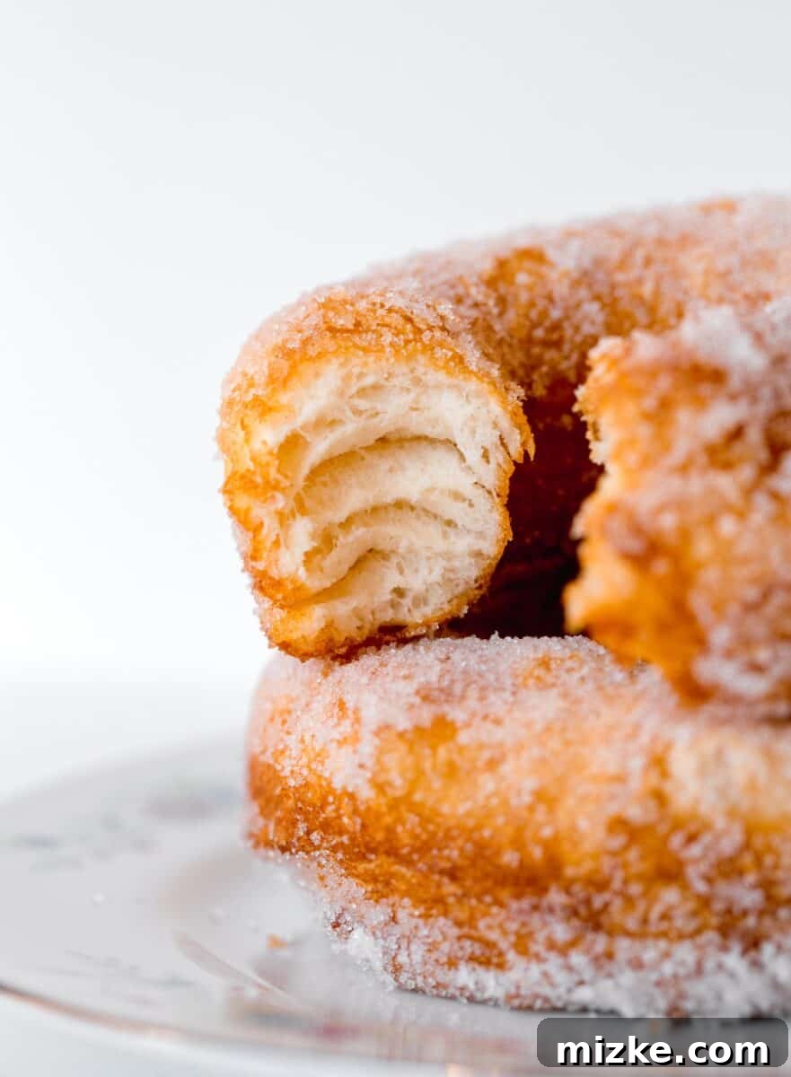 Effortless Biscuit Donut Bliss 4 inside of a biscuit donut shows the fluffy layers that the biscuit dough has when fried