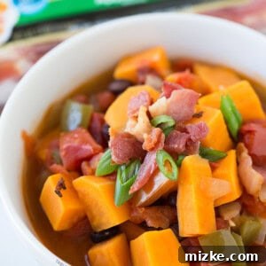 Sweet Potato, Black Bean, and Bacon Chili, ready to be served.