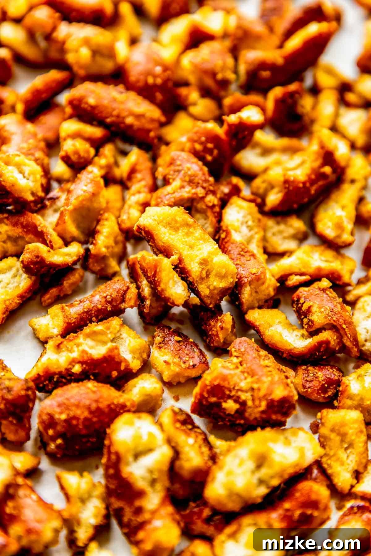 Tangy Gold Pretzel Crunch 7 Golden honey mustard pretzels are carefully spread in an even layer across a baking sheet, preparing for their perfect bake.