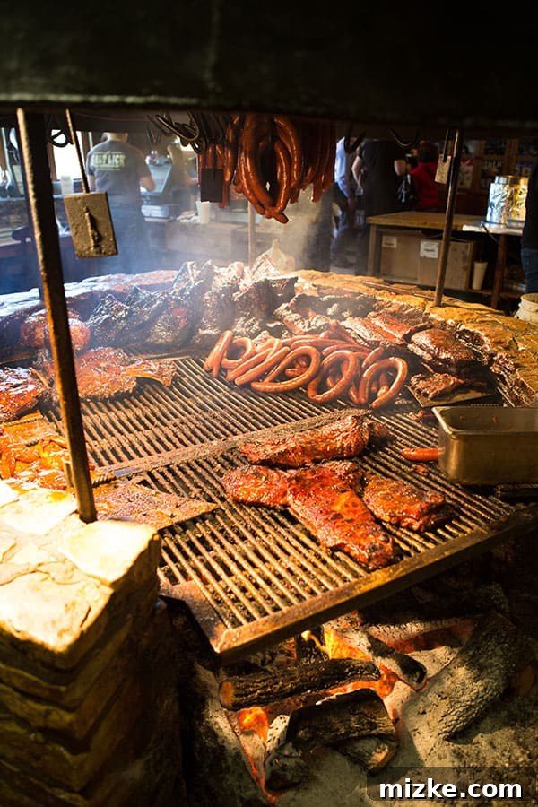 Perfectly Smoked Brisket at The Pit A close-up of the delicious, smoky brisket on the Salt Lick BBQ pit.