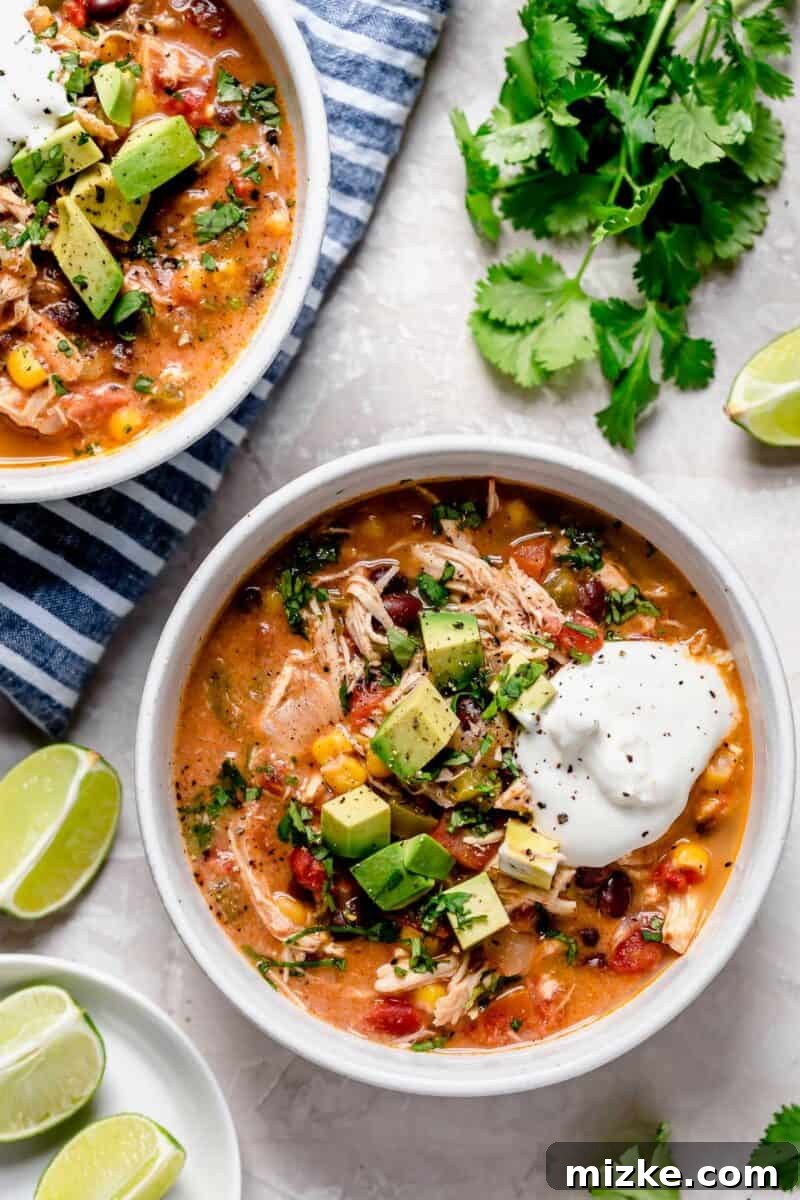 A beautifully arranged bowl of slow cooker chicken enchilada soup with fresh avocado slices and a dollop of sour cream on a wooden table, ready to be enjoyed.