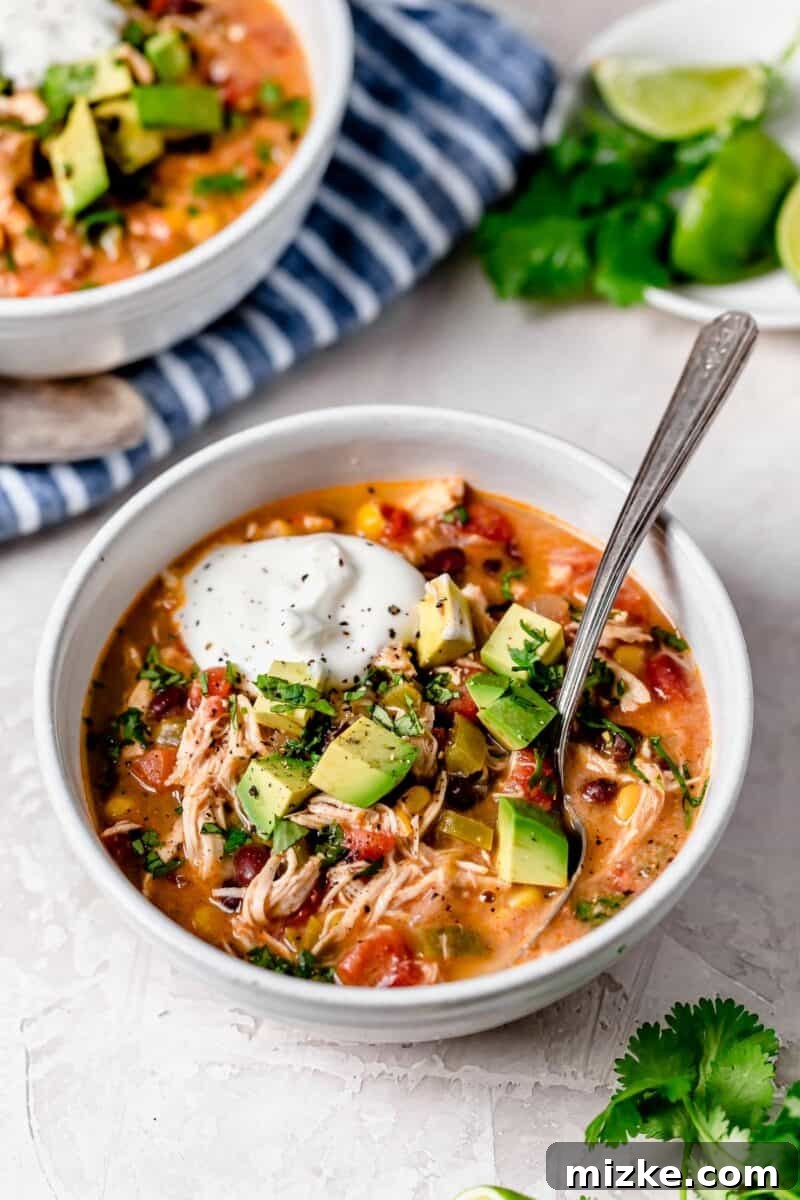 A large serving bowl filled with creamy slow cooker chicken enchilada soup, showcasing its rich texture and colorful ingredients.