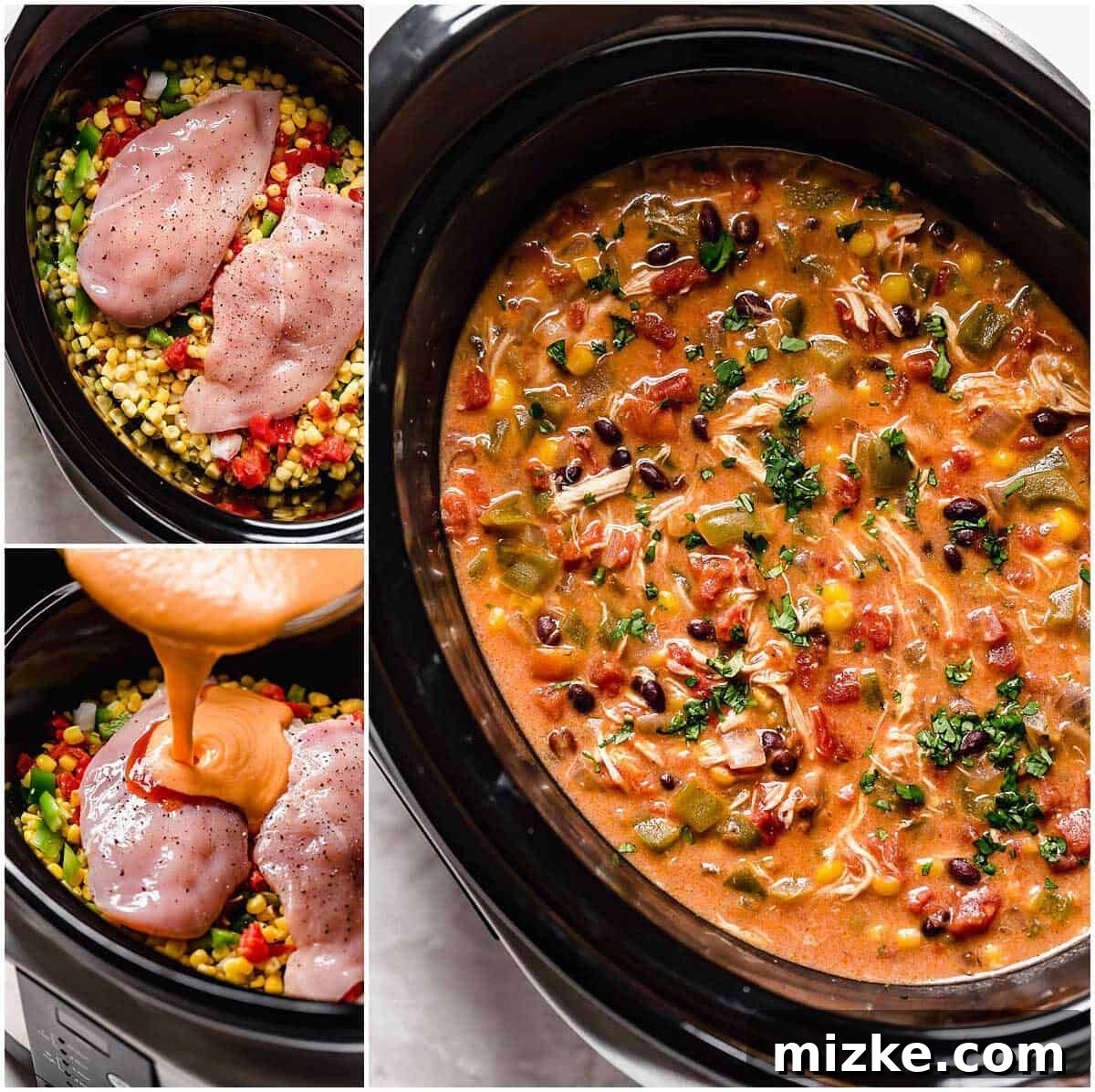 A large serving spoon scooping out creamy slow cooker chicken enchilada soup from a ceramic pot, highlighting its rich texture.