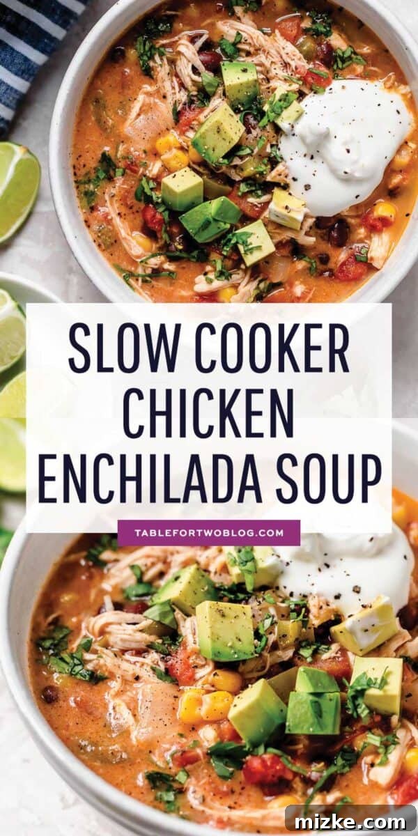 Overhead shot of a vibrant bowl of slow cooker chicken enchilada soup, richly topped with fresh avocado slices, chopped cilantro, and a dollop of sour cream.