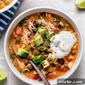 Slow Cooker Chicken Enchilada Soup, garnished with fresh herbs and sour cream, ready to serve.