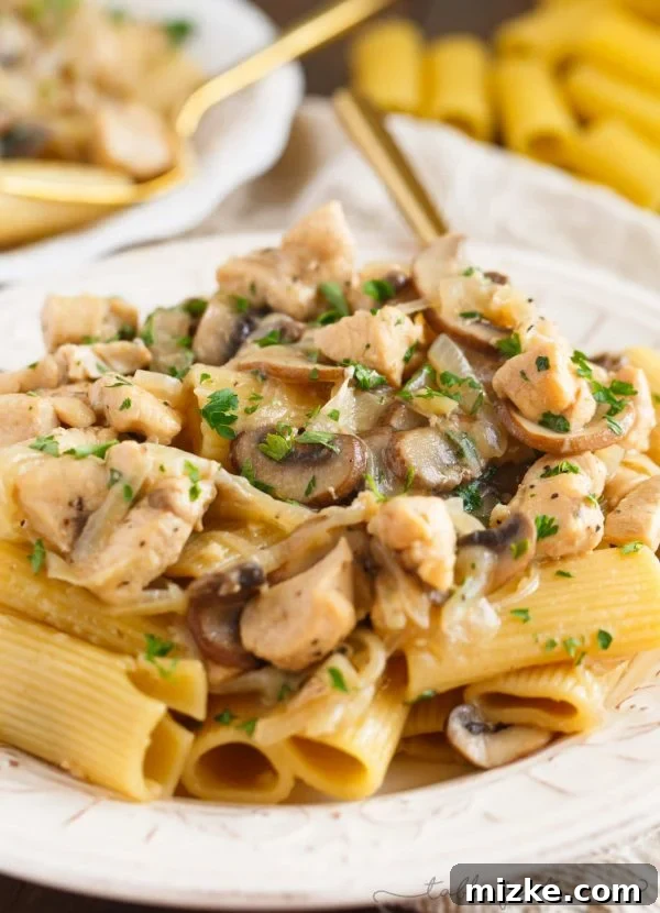Creamy Marsala Chicken Rigatoni with Mushrooms 6 Another perspective of the rigatoni dish, showing the depth of the creamy sauce and the mixture of ingredients, appealing and rich.