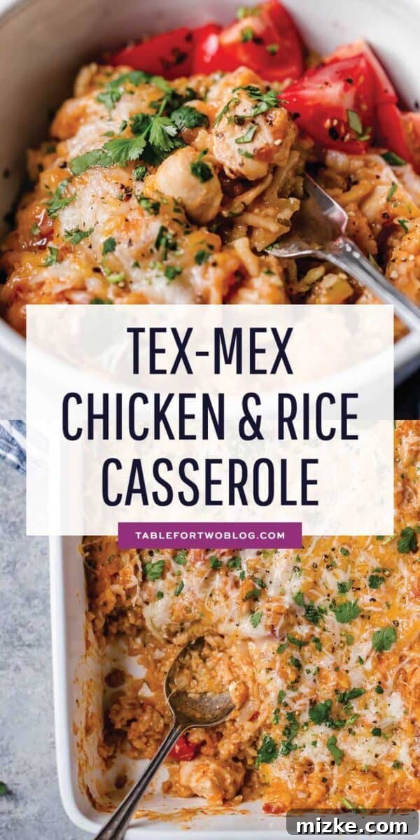 Fiesta Chicken Rice Bake 8 A close-up of a Tex-Mex chicken and rice casserole, topped with melted cheese and fresh cilantro, served in a rustic dish, highlighting its comforting and flavorful appeal for easy weeknight dinners.