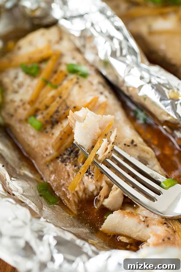 Cooked Ginger Soy Sesame Fish ready to serve Flaky, tender Ginger Soy Sesame Fish in a Pouch, perfectly cooked and served.