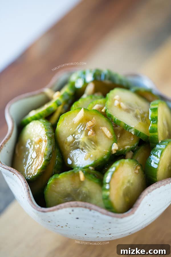 Umami Garlic Cucumbers 4 A bowl of chilled garlic soy cucumbers ready to be served, highlighting their crisp texture