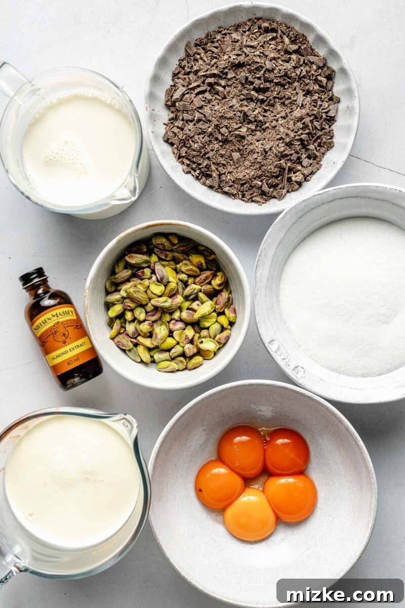 Velvet Pistachio Dream 3 Key ingredients for homemade pistachio ice cream, neatly arranged.