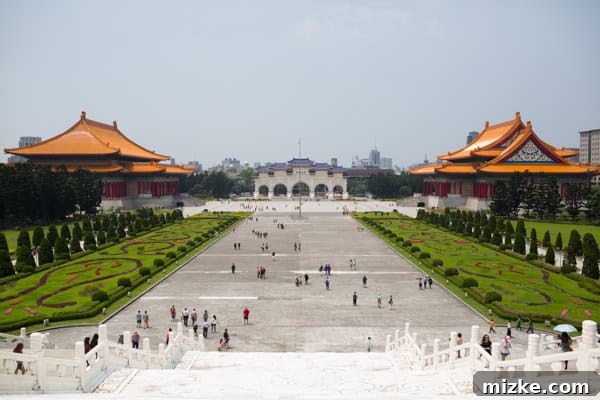 Panoramic view of the Chiang Kai-Shek Memorial Hall grounds from the top stairs