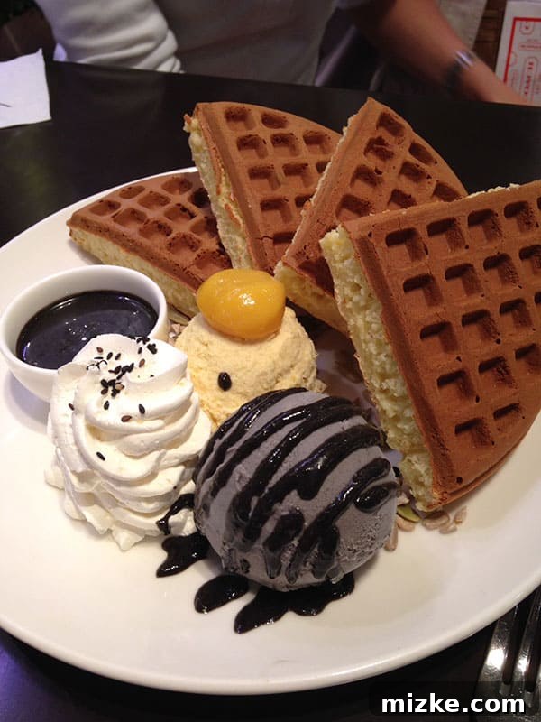 Black sesame waffles with black sesame ice cream at Coffee Alley