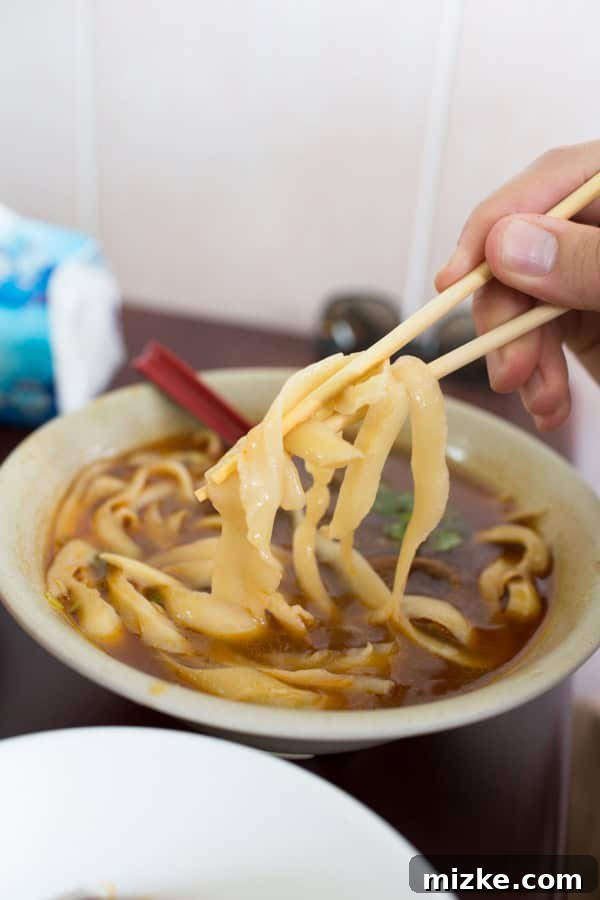 Kaohsiung: Taiwan's Vibrant Southern Hub 16 Close-up of delicious hand-cut noodles in beef noodle soup, highlighting their unique texture and artisanal quality