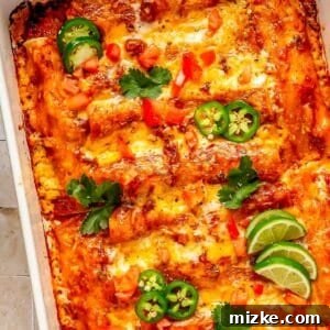 Savory Beef Enchiladas 11 Finished beef enchiladas in a baking dish topped with cilantro, jalapeños and lime slices