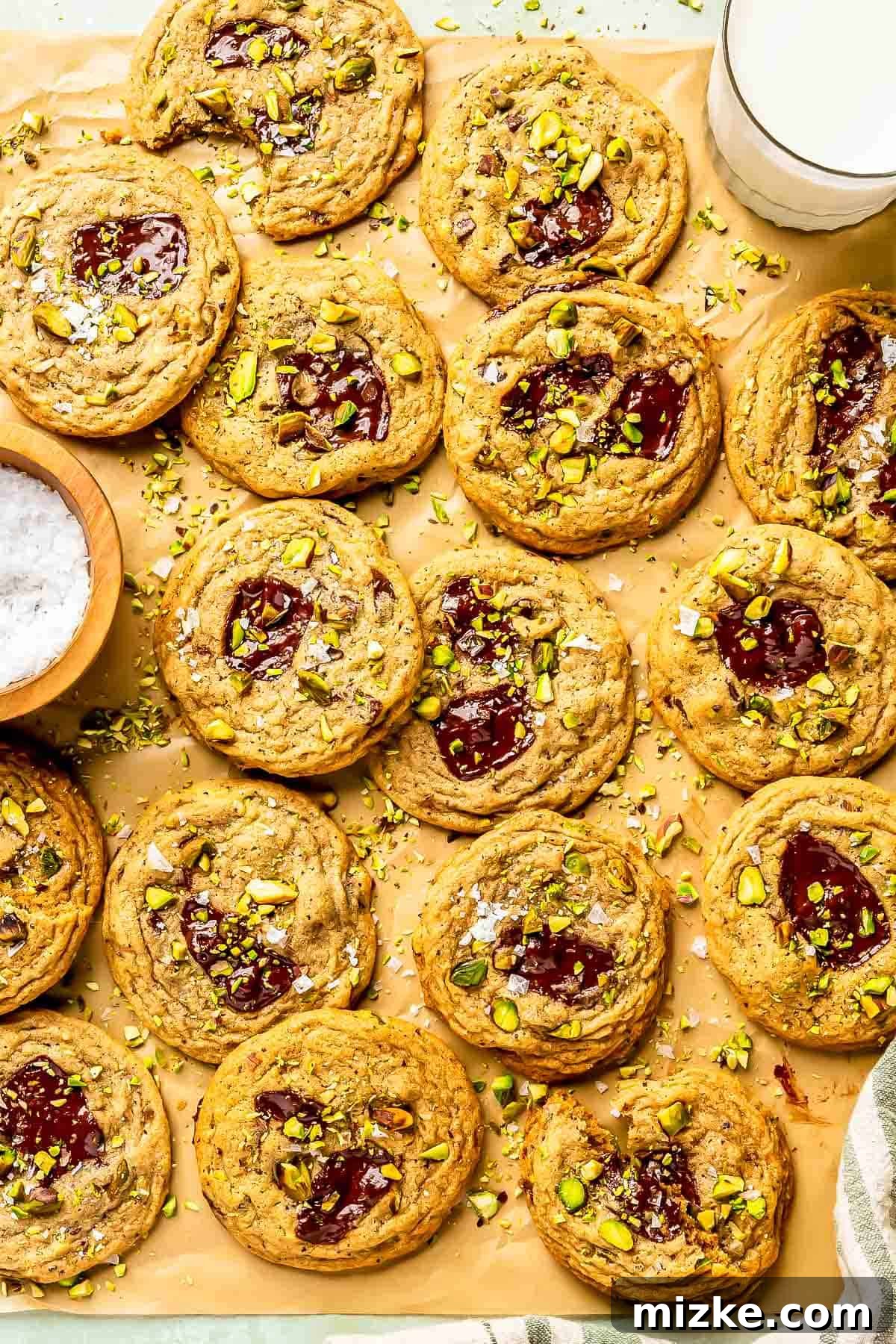 An overhead shot showcasing beautifully baked chocolate chip pistachio cookies on parchment paper, next to a refreshing glass of milk, inviting a delightful experience.