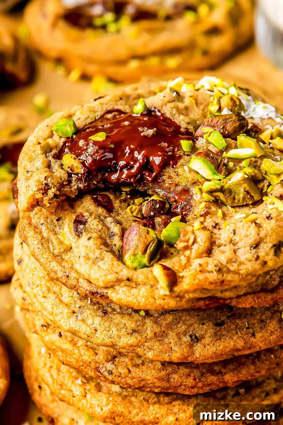 A stacked collection of chocolate chip pistachio cookies, with one cookie showing a delicious bite taken out of it, revealing its soft interior.