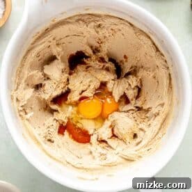 Two eggs and vanilla extract are added to the creamed butter and sugar mixture in a stand mixer bowl, continuing to blend into a smooth consistency.