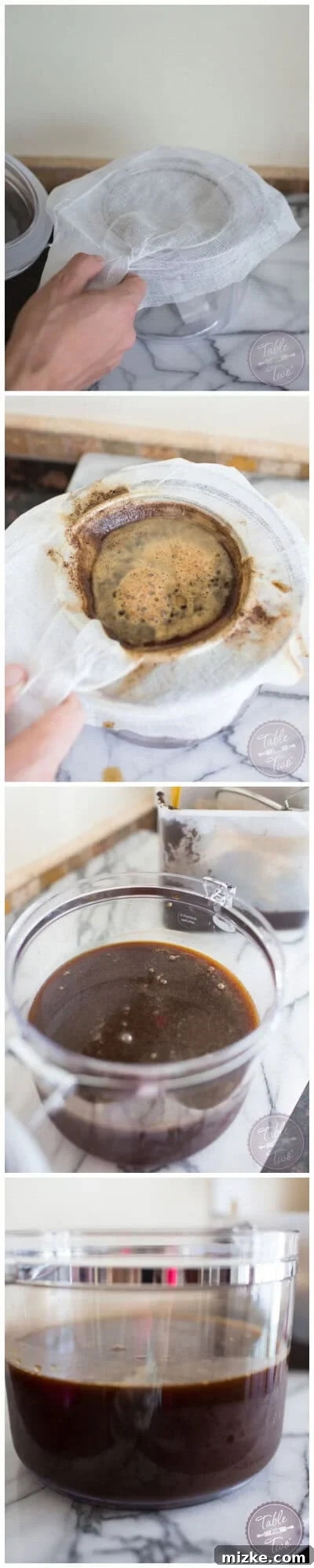 Craft Your Own Perfect Cold Brew at Home 5 A three-panel collage showing the process of making cold brew coffee: steeping grounds, straining, and pouring a glass of iced cold brew.