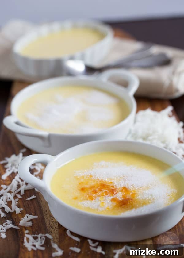 Paradise Coconut Creme Brulee 3 A close-up view of the delicate and smooth texture of homemade Coconut Crème Brûlée.