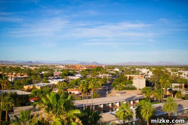 Scottsdale city skyline from a hotel rooftop, showing urban development