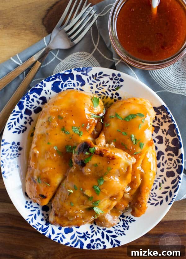 Russian Apricot Chicken with a Sweet-Tangy Glaze 3 Savory boneless, skinless chicken thighs coated in a sweet and tangy apricot glaze, a simple 4-ingredient Russian Apricot Chicken recipe.