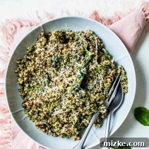 A beautifully presented spinach pesto quinoa bowl.