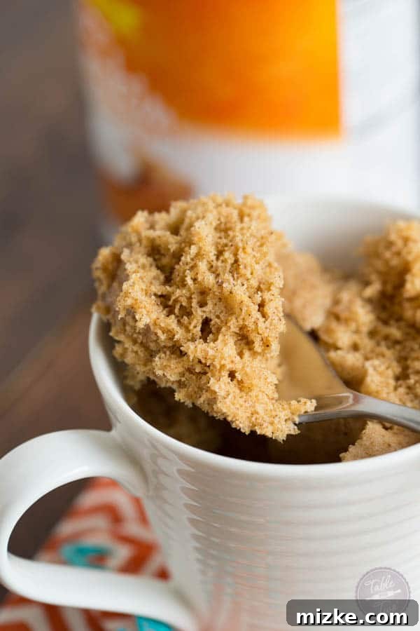 Overhead shot of a delicious pumpkin spice mug cake with melting vanilla ice cream and a spoon, ready to be enjoyed.