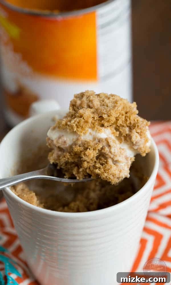 A perfectly baked pumpkin spice mug cake, still warm from the microwave, ready for a scoop of ice cream.