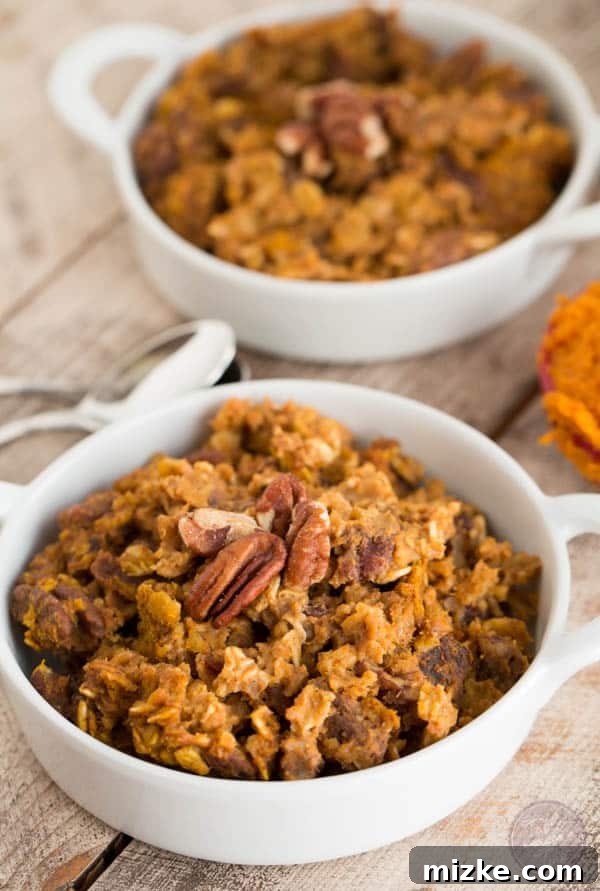 Cozy Pumpkin Spice Baked Oatmeal 2 A charming autumnal table setting, perfect for a cozy fall breakfast, featuring vibrant pumpkin decorations.