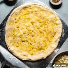Pizza dough spread with olive oil and sprinkled with garlic powder on a baking peel, with a bowl of cheese, salt, seasoning, and a pastry brush nearby.