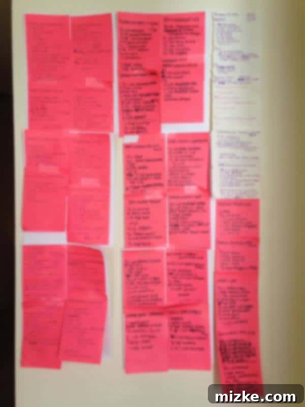 A wall displaying printed recipes, some with notes and checks, representing the author's recipe development process.