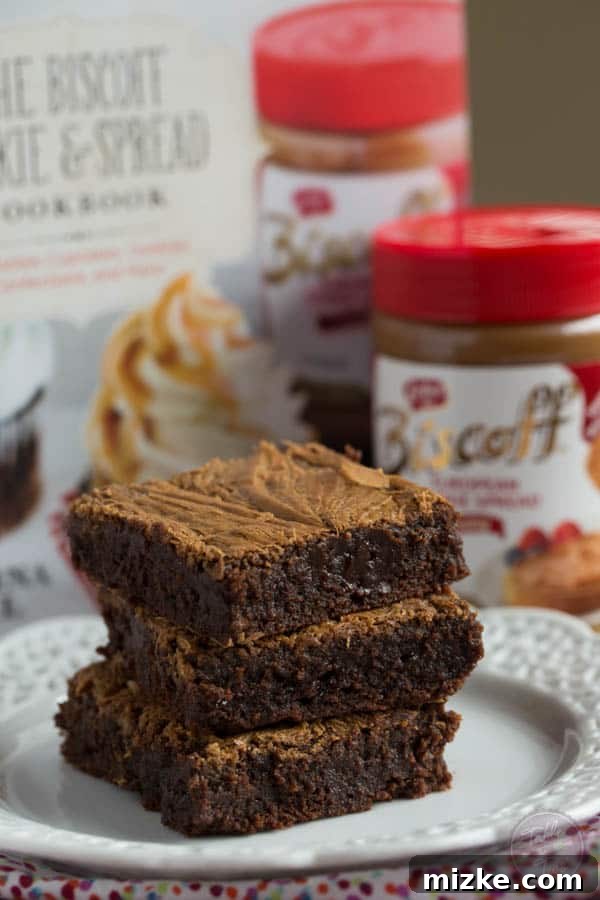 Caramelized Cookie Butter Swirl Brownies 5 A wide shot of a baked batch of fudgy Biscoff swirl brownies, showcasing the generous portion and inviting texture, ready to be enjoyed.