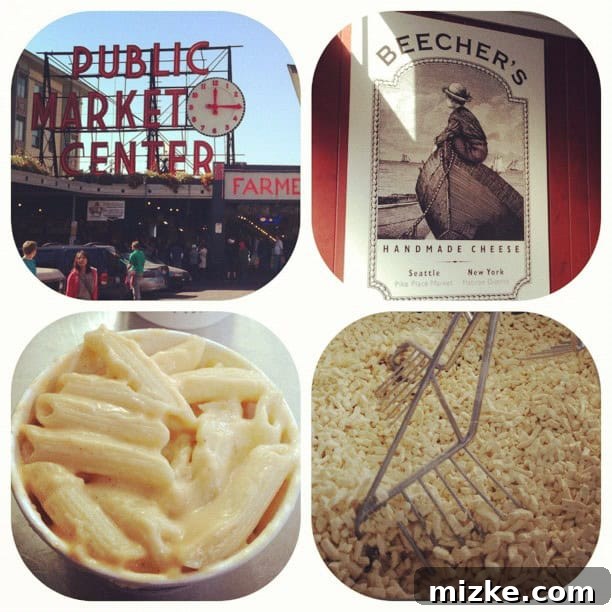 A delicious, gooey bowl of Beecher's famous Mac & Cheese, with a golden-brown top, from Pike Place Market in Seattle.