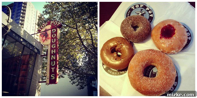 An assortment of delicious, hand-forged Top Pot Doughnuts in Seattle, featuring various glazes and toppings like chocolate, sprinkles, and plain.