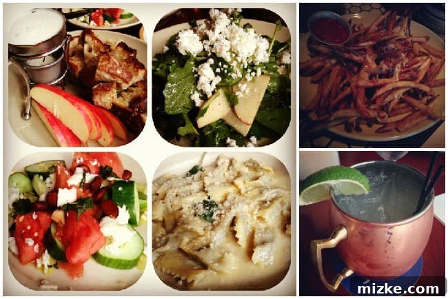A collage featuring various delectable dishes, interior decor, and a vibrant bar scene at Palace Kitchen in Seattle.