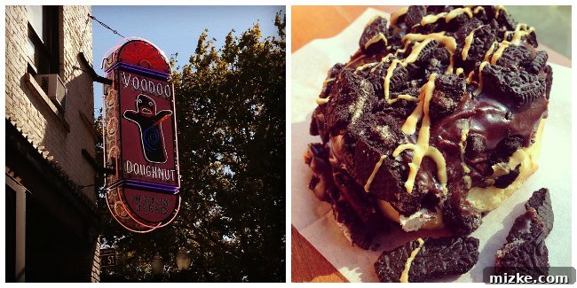 A colorful collage of various unique and quirky doughnuts from Voodoo Doughnut in Portland, showcasing their creative designs.