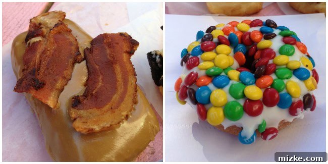 Another vibrant image showcasing a different selection of Voodoo Doughnut's eccentric and brightly decorated creations.