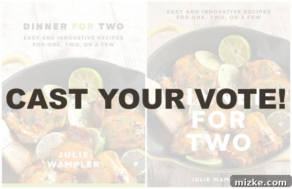 Two distinct cookbook cover options for 'Dinner for Two' displayed side by side, inviting readers to compare designs.