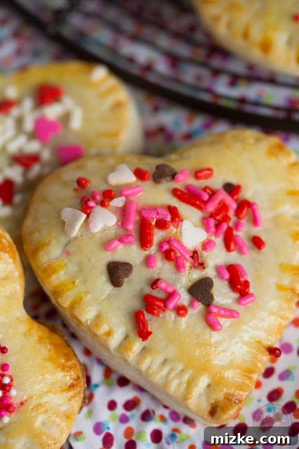 Strawberry Love Bites 6 A stack of golden-brown mini heart-shaped hand pies, dusted with sprinkles.