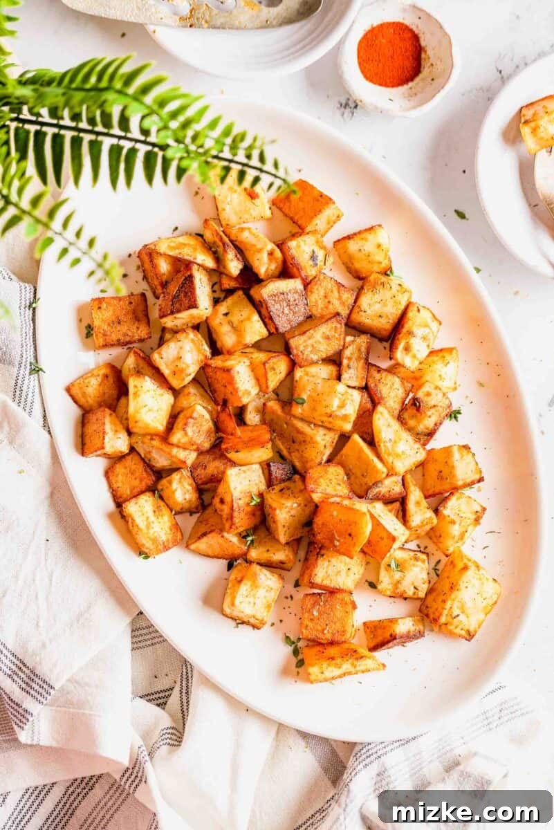 Roasted Potato Perfection 2 overhead image of roasted potatoes on a large white platter next to a fern, showcasing golden crispiness