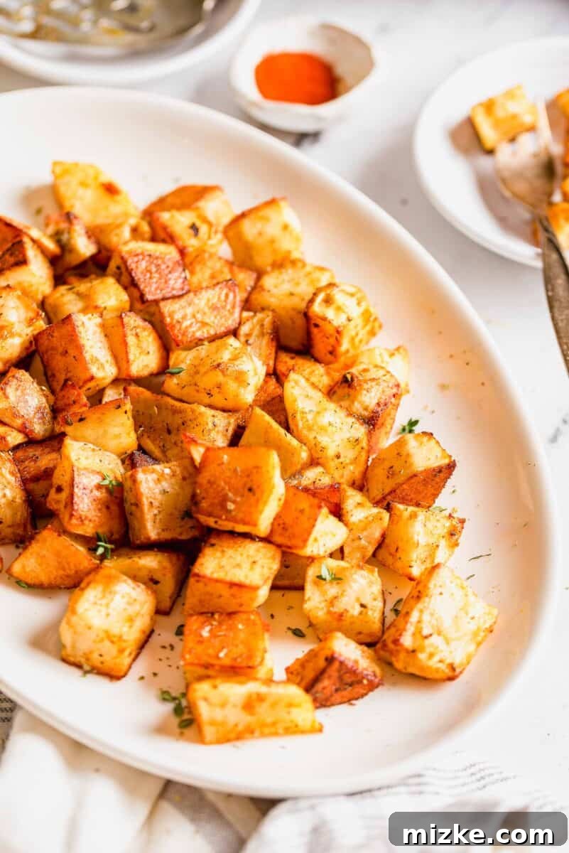 Roasted Potato Perfection 3 roasted potatoes on a large oval platter with fresh thyme sprinkled on top, ready to serve