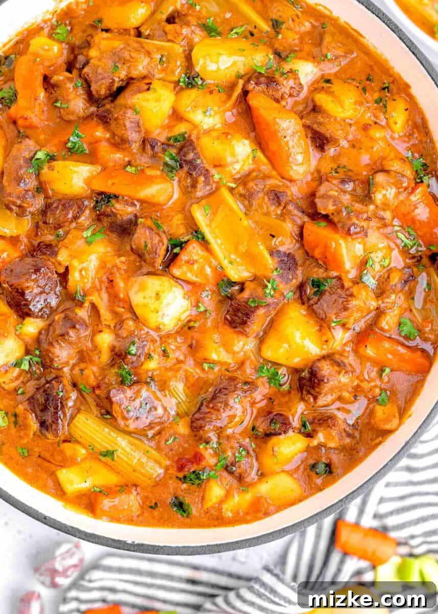 Hearty Slow Cooker Guinness Beef Stew 3 A beautifully presented bowl of Guinness beef stew, brimming with tender beef and vegetables, set beside a striped napkin, inviting diners to a comforting meal.