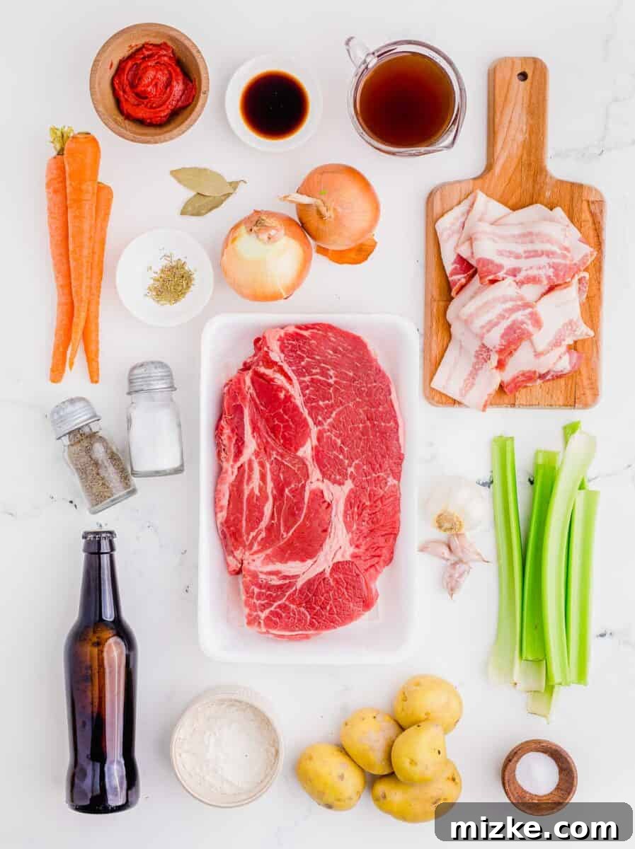 Hearty Slow Cooker Guinness Beef Stew 4 A vibrant display of fresh ingredients for Guinness beef stew, including beef chuck, vegetables, bacon, and dark beer, laid out on a wooden surface, ready for preparation.