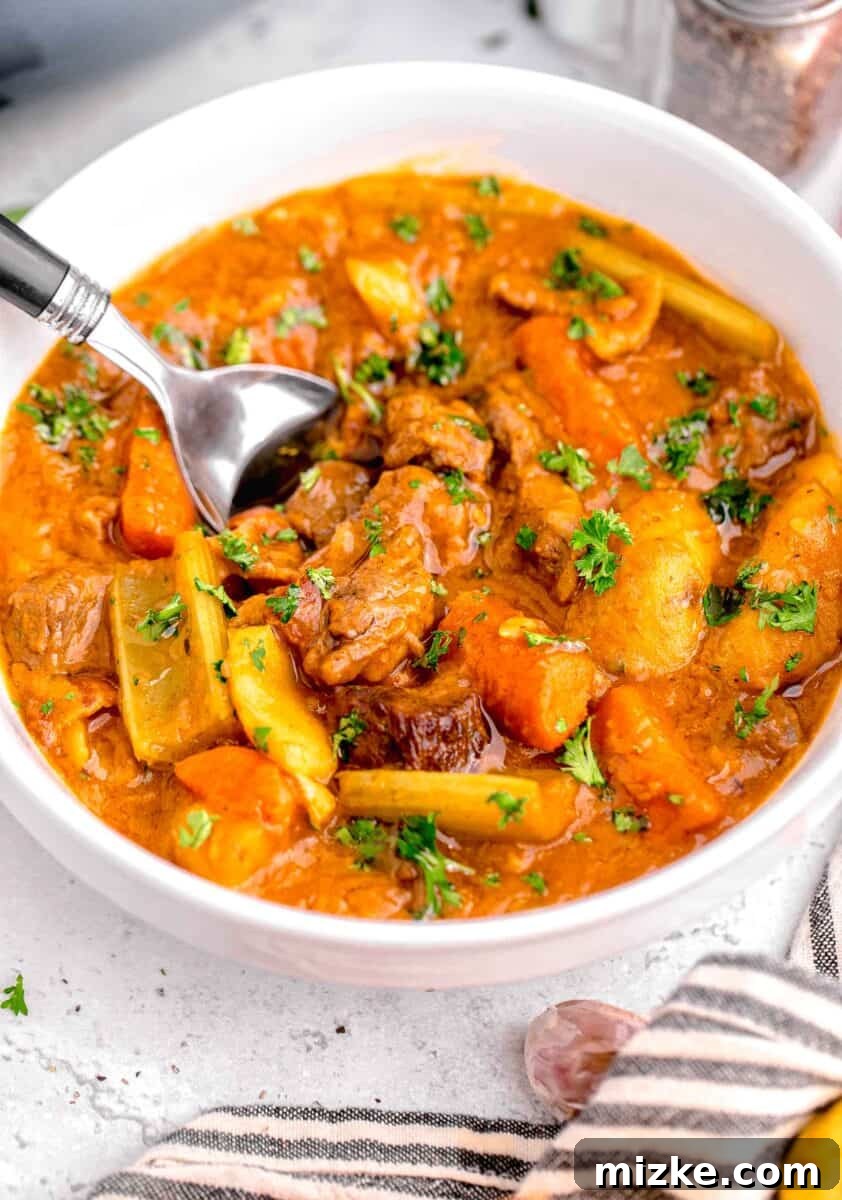 Hearty Slow Cooker Guinness Beef Stew 10 A close-up shot of rich beef stew in a white bowl, with a silver spoon poised in the center, highlighting the tender beef and vibrant vegetables.