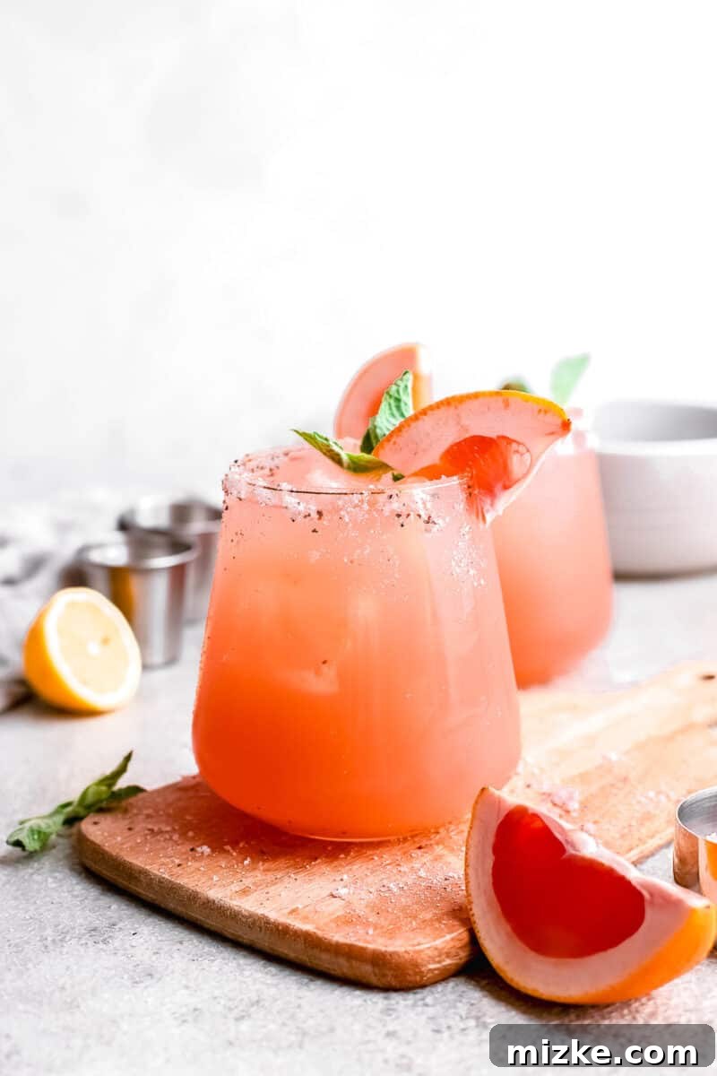 Paloma: A Deep Dive into the Iconic Cocktail 2 Two Palomas garnished with fresh grapefruit slices and a lime wedge, sitting elegantly on a light wooden serving board.