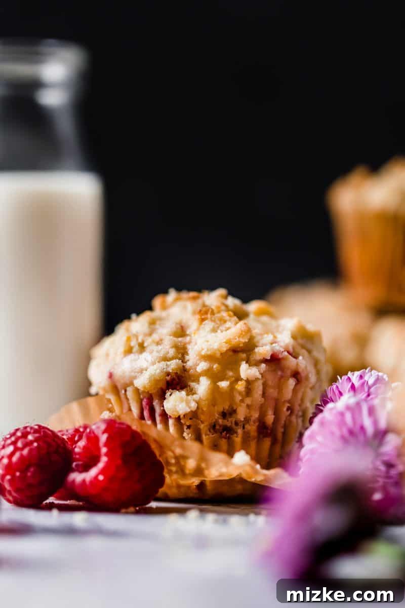 Zesty Lemon Raspberry Streusel Muffins 5 A close-up view of a baked Raspberry Lemon Streusel Muffin, highlighting its crumbly topping and moist texture.