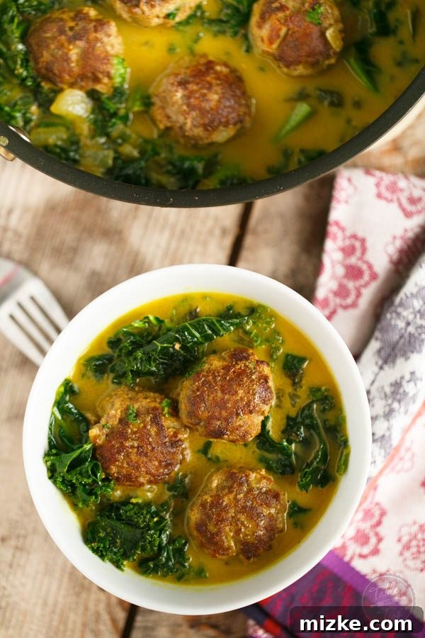 Aromatic Meatball and Kale Curry 4 A bowl of hot curry meatball and kale stew, garnished and ready to be served, highlighting the rich sauce and tender meatballs.