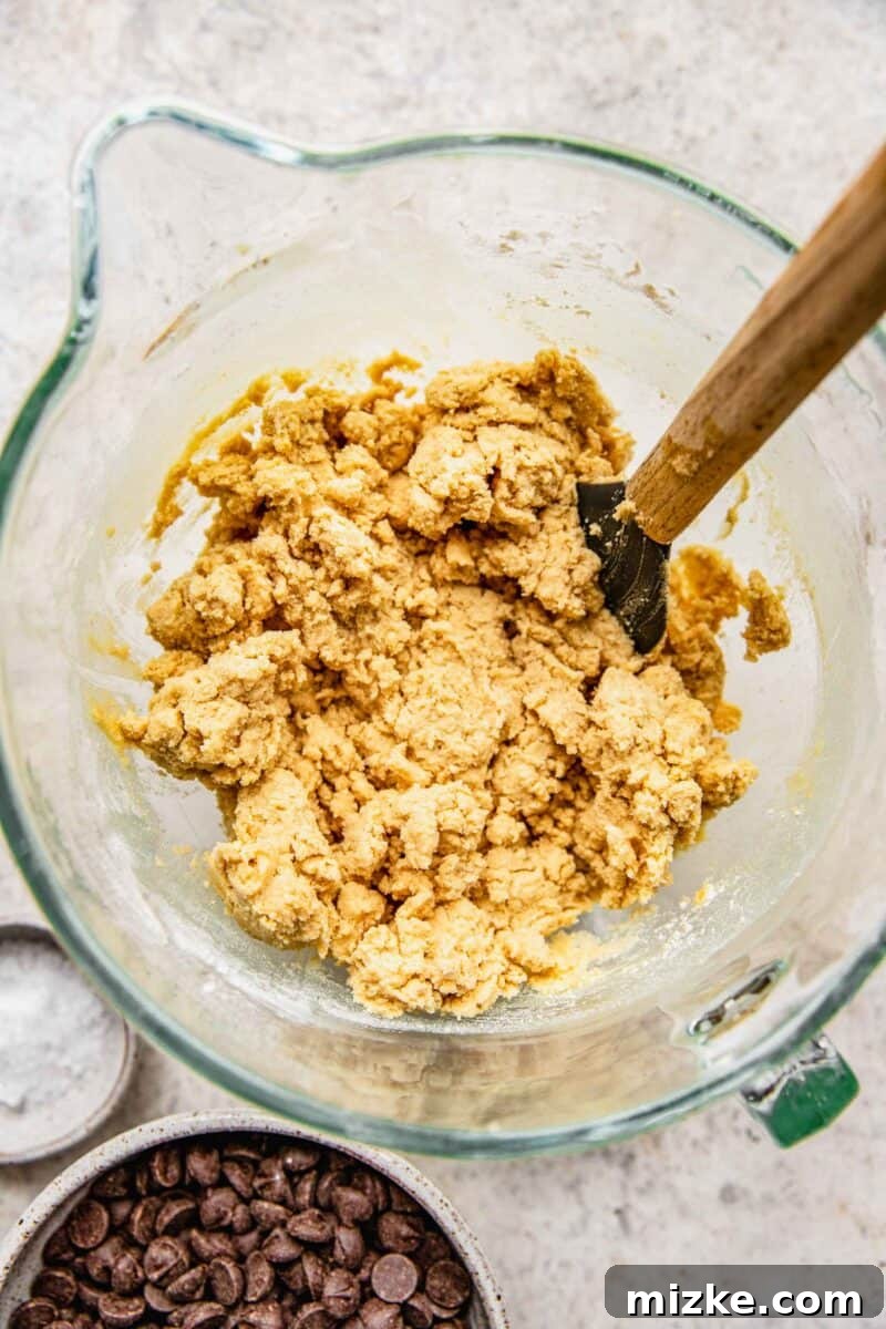 The chocolate chip cookie dough after combining dry and wet ingredients, showing a cohesive mixture.
