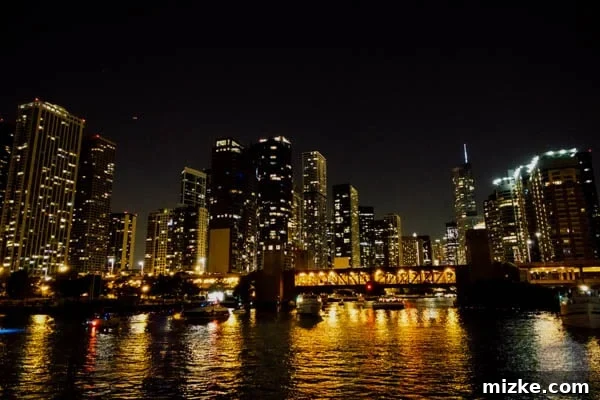 Unforgettable Chicago Experiences 6 Striking architecture along the Chicago River at night, illuminated